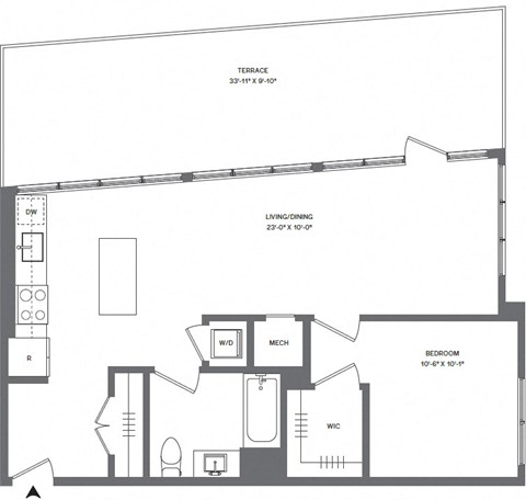 Floor plan for 1 bed, 1 bath, 732 sqft
